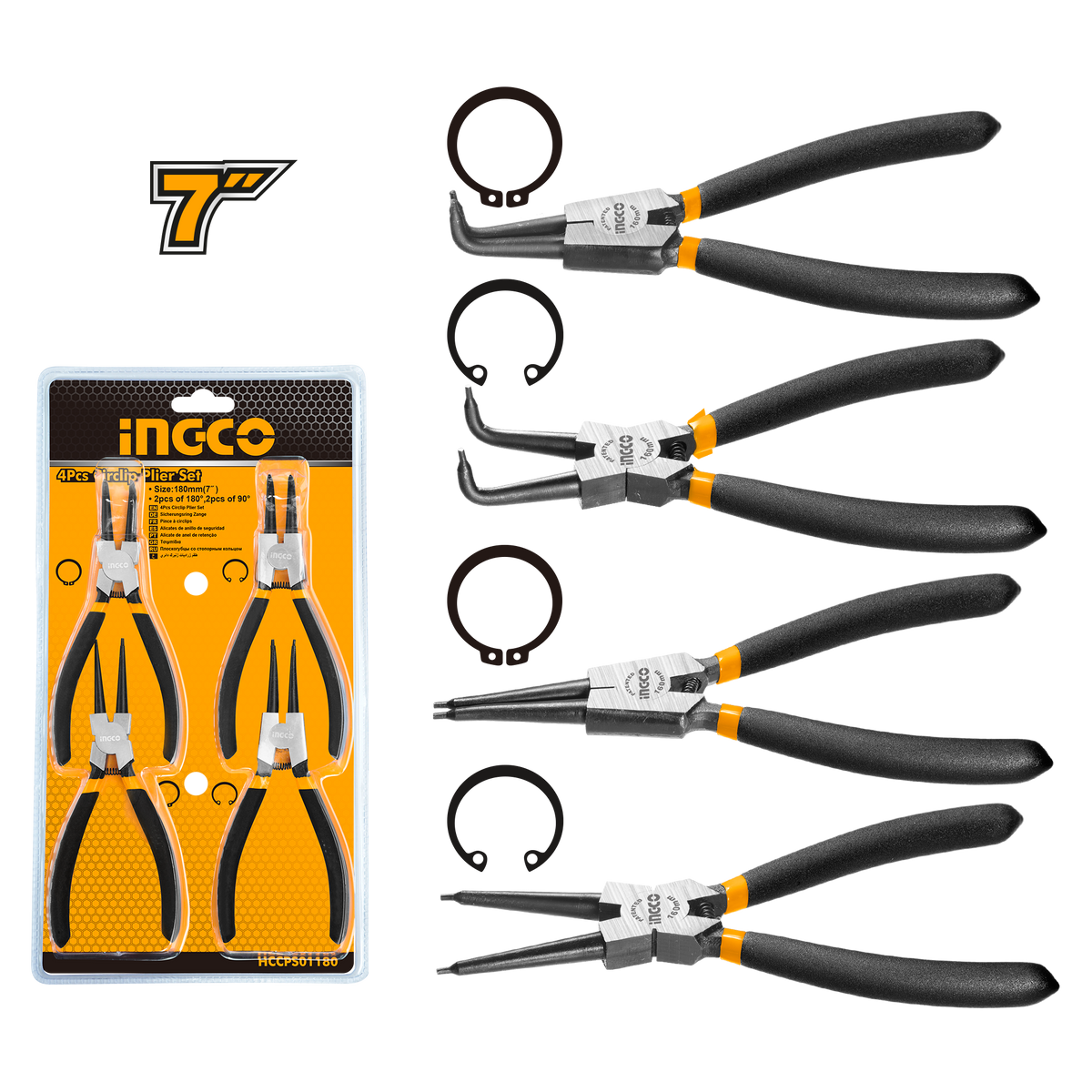 Serie di pinze per anelli Seeger, set di 4 pinze per anelli di sicurezza, pinza per seeger, punte dritte e curve per bloccaggio interno ed esterno, pinza per anelli interni esterni Seeger di sicurezza, 180 mm 7" pollici, Ingco
