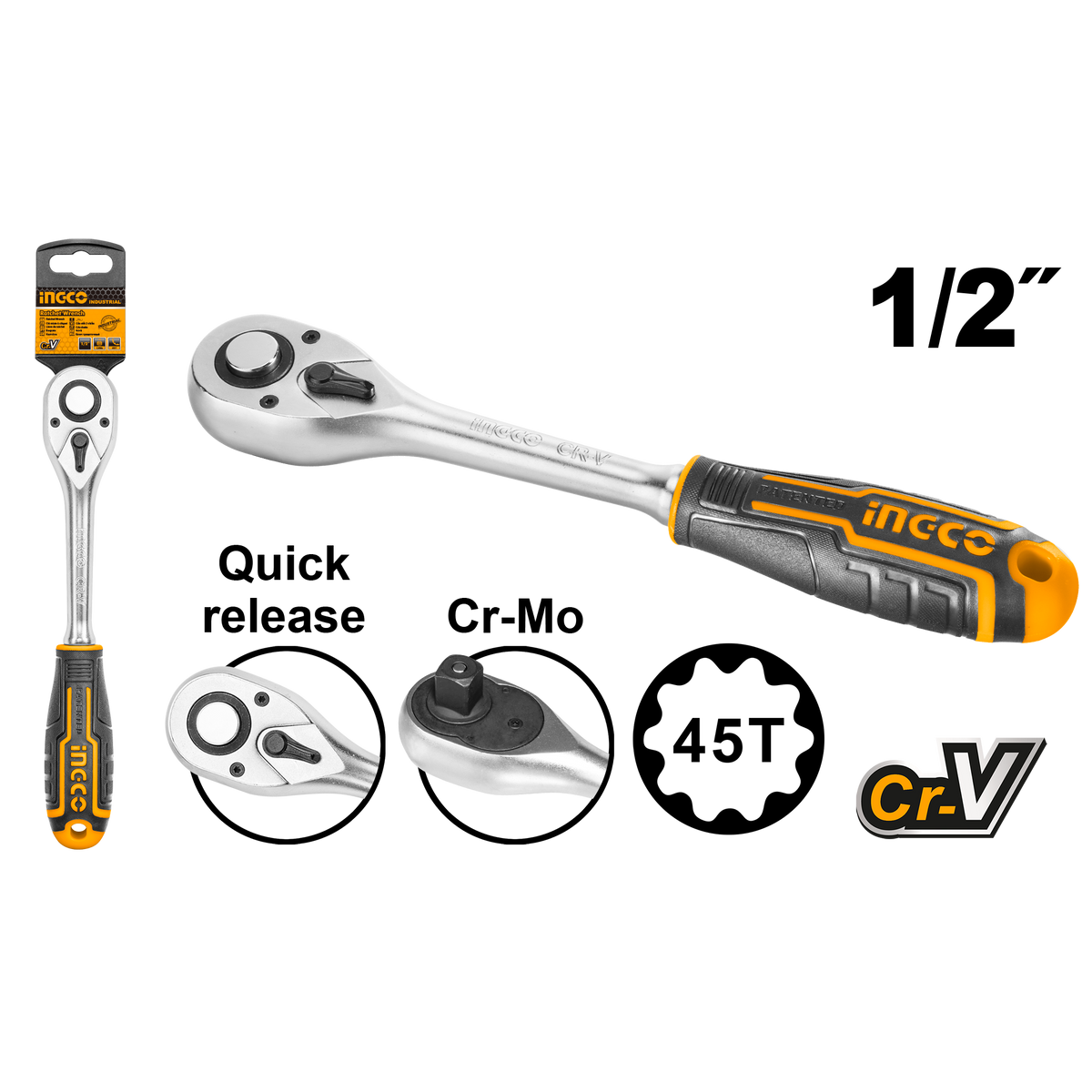 Cricchetto reversibile professionale 1/4" in accaio Cr-V e Cr-Mo, lungo 158 mm Ingco