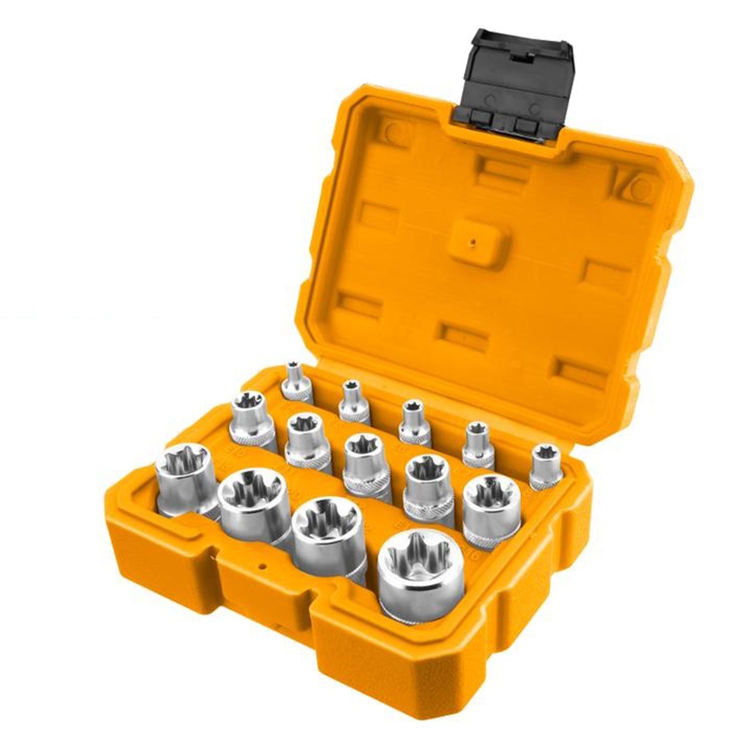 Set di chiavi a bussola torx 14 pezzi  E4–E24, attacco 1/4" 3/8" 1/2", 4-24 mm, chrome vanadium, Ingco