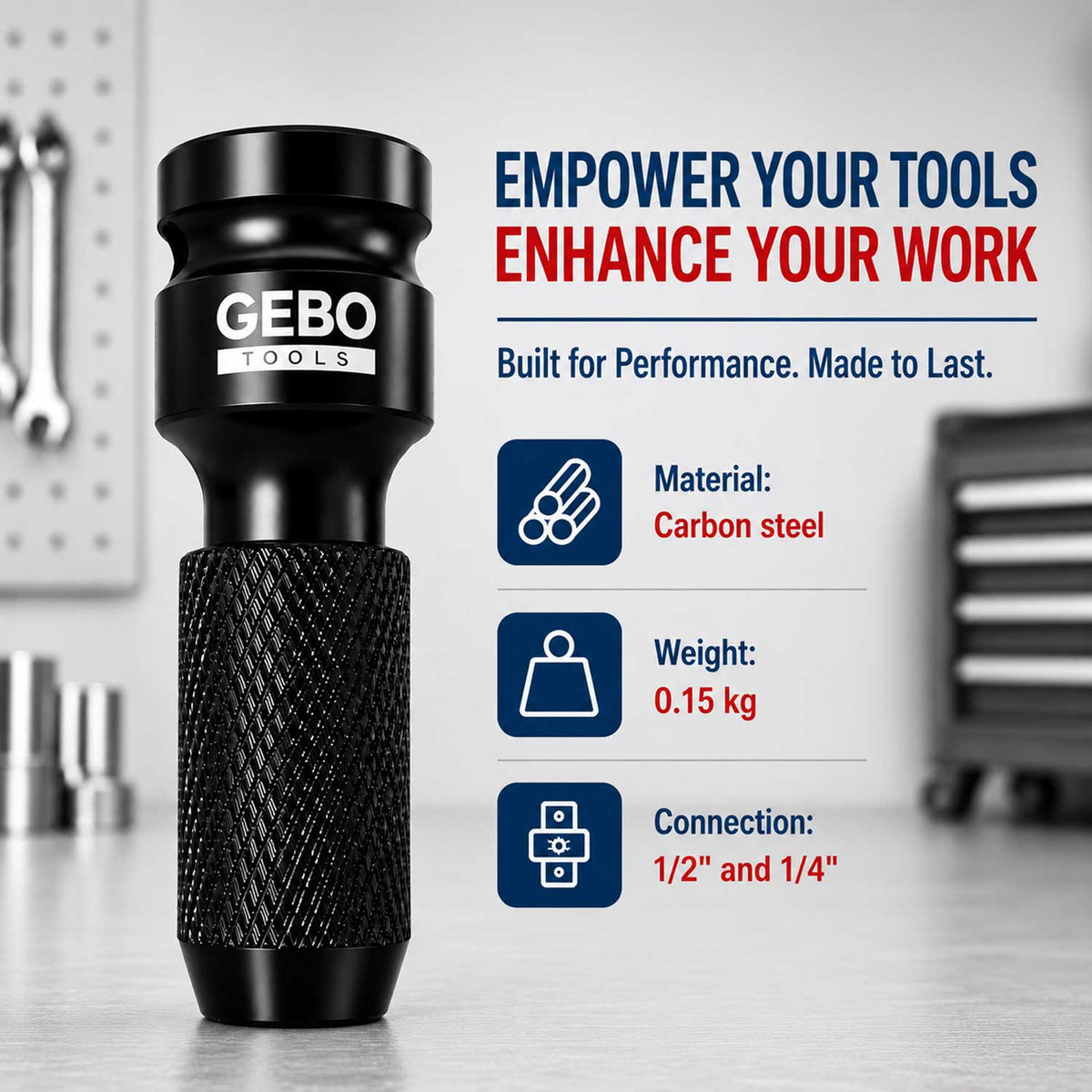 Adattatore a impatto 1/2'' a 1/4''  presa femmina esagonale , in acciaio Cr-V,per trapano, avvitatore Gebo Tools