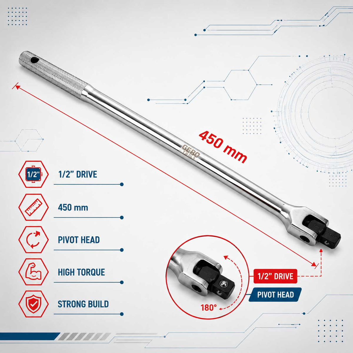Leva snodata 1/2" con testa flessibile, 450 mm, ideale per riparazioni auto e fai-da-te, Gebo Tools