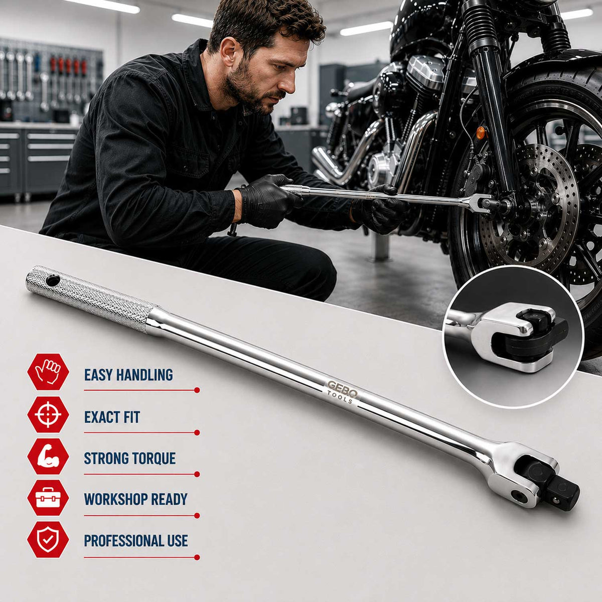 Leva snodata 1/2" con testa flessibile, 450 mm, ideale per riparazioni auto e fai-da-te, Gebo Tools