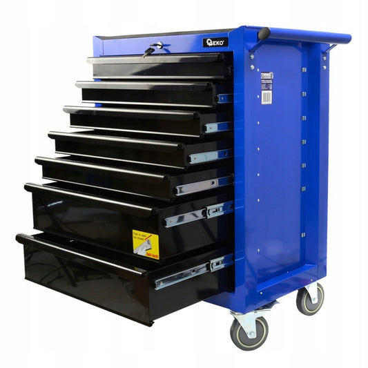 Armadio metallico senza attrezzi con 7 cassetti, carrello portautensili, cassetta portattrezzi mobile,nero e blu, Geko