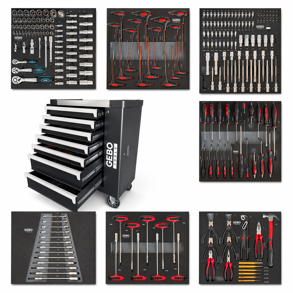 Armadio professionale attrezzato a 7 cassetti, 7 moduli, in  carbonio, carrello portautensili ,cassetta porta attrezzi mobile con 262 utensili Gebo Tools