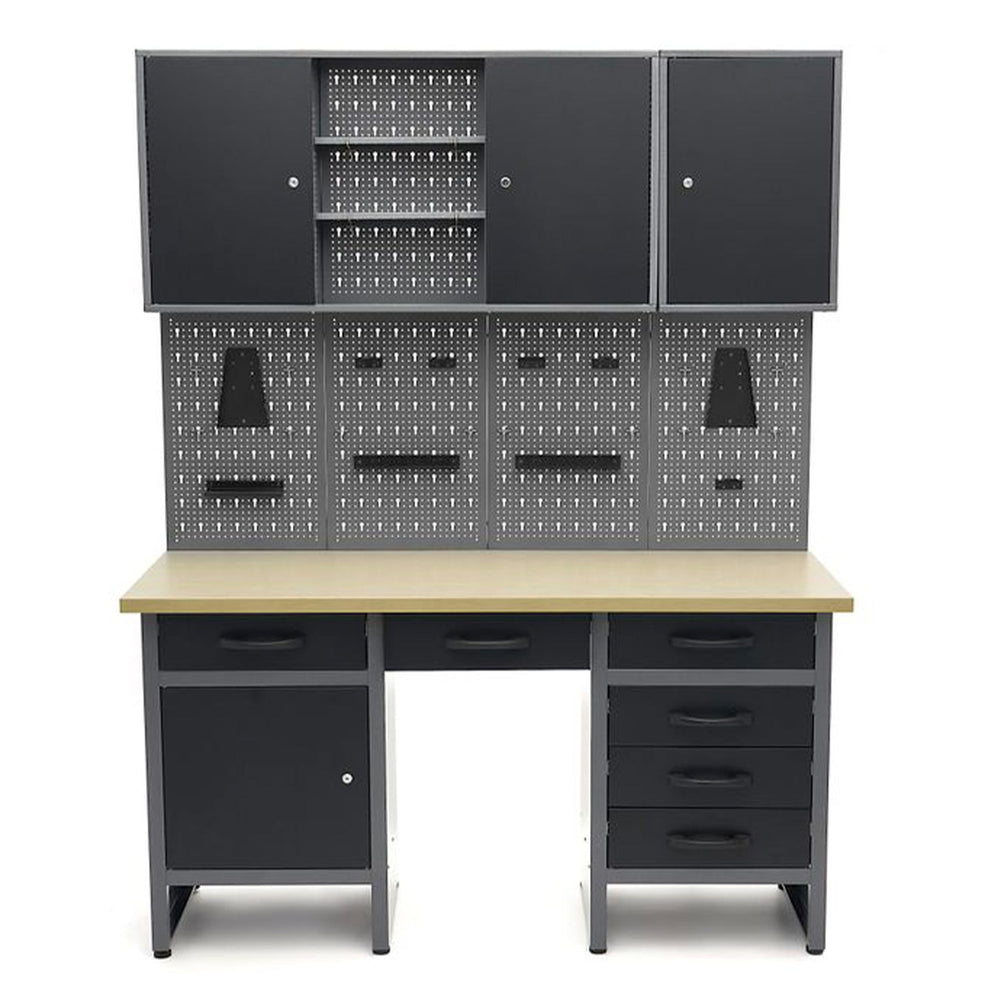 Arredamento modulare per officina, mobili da lavoro con 6 cassetti 160 cm,, 2 armadietti portautensili ,con pannello parete forato per strumenti con ganci, Hbm