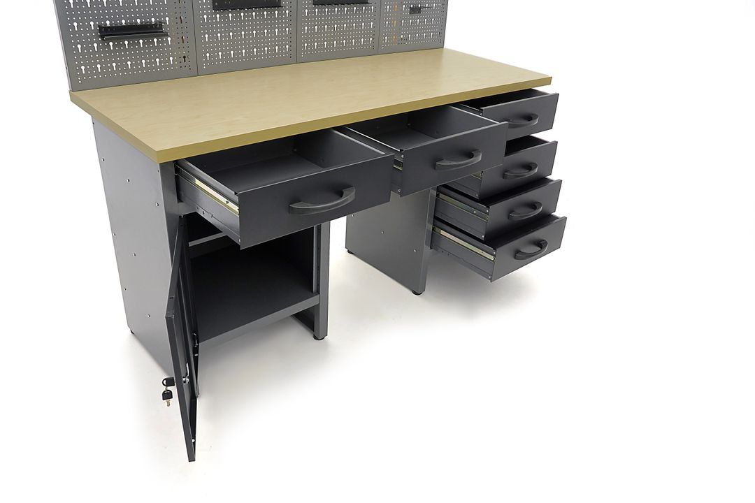 Arredamento modulare per officina, mobili da lavoro con 6 cassetti 160 cm,, 2 armadietti portautensili ,con pannello parete forato per strumenti con ganci, Hbm