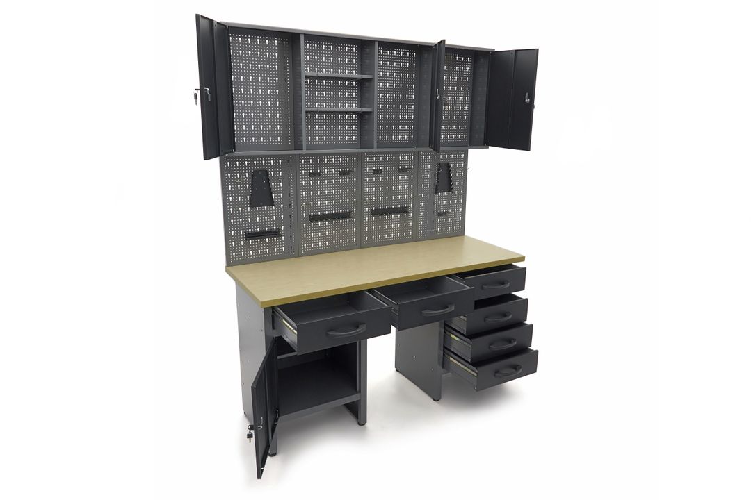 Arredamento modulare per officina, mobili da lavoro con 6 cassetti 160 cm,, 2 armadietti portautensili ,con pannello parete forato per strumenti con ganci, Hbm