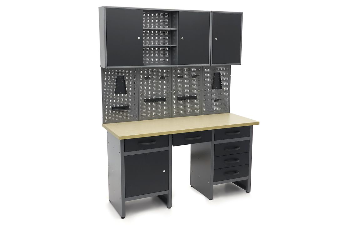 Arredamento modulare per officina, mobili da lavoro con 6 cassetti 160 cm,, 2 armadietti portautensili ,con pannello parete forato per strumenti con ganci, Hbm