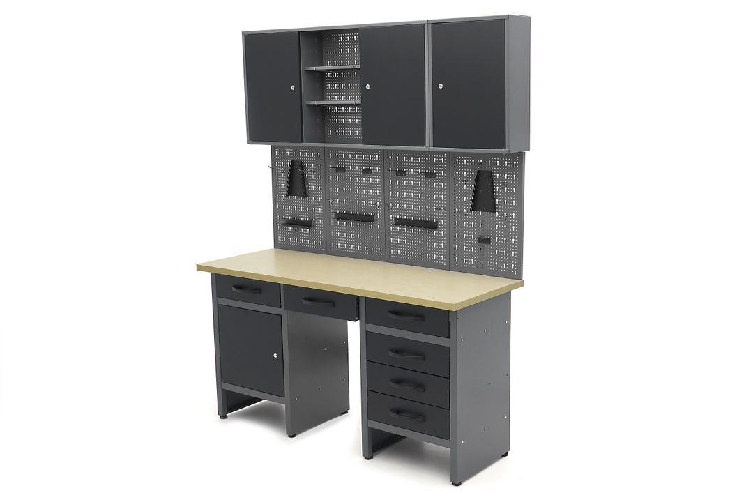 Arredamento modulare per officina, mobili da lavoro con 6 cassetti 160 cm,, 2 armadietti portautensili ,con pannello parete forato per strumenti con ganci, Hbm