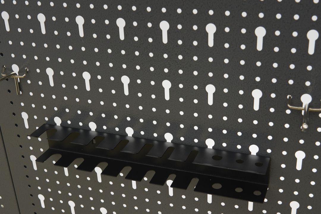 Arredamento modulare per officina, mobili da lavoro con 6 cassetti 160 cm,, 2 armadietti portautensili ,con pannello parete forato per strumenti con ganci, Hbm