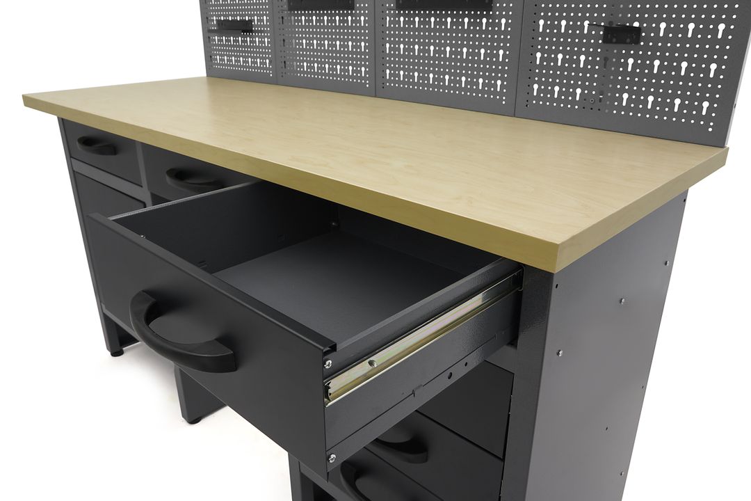 Arredamento modulare per officina, mobili da lavoro con 6 cassetti 160 cm,, 2 armadietti portautensili ,con pannello parete forato per strumenti con ganci, Hbm