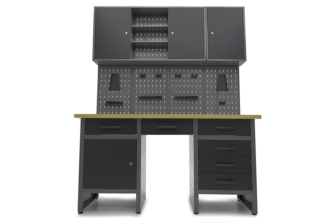 Arredamento modulare per officina, mobili da lavoro con 6 cassetti 160 cm,, 2 armadietti portautensili ,con pannello parete forato per strumenti con ganci, Hbm