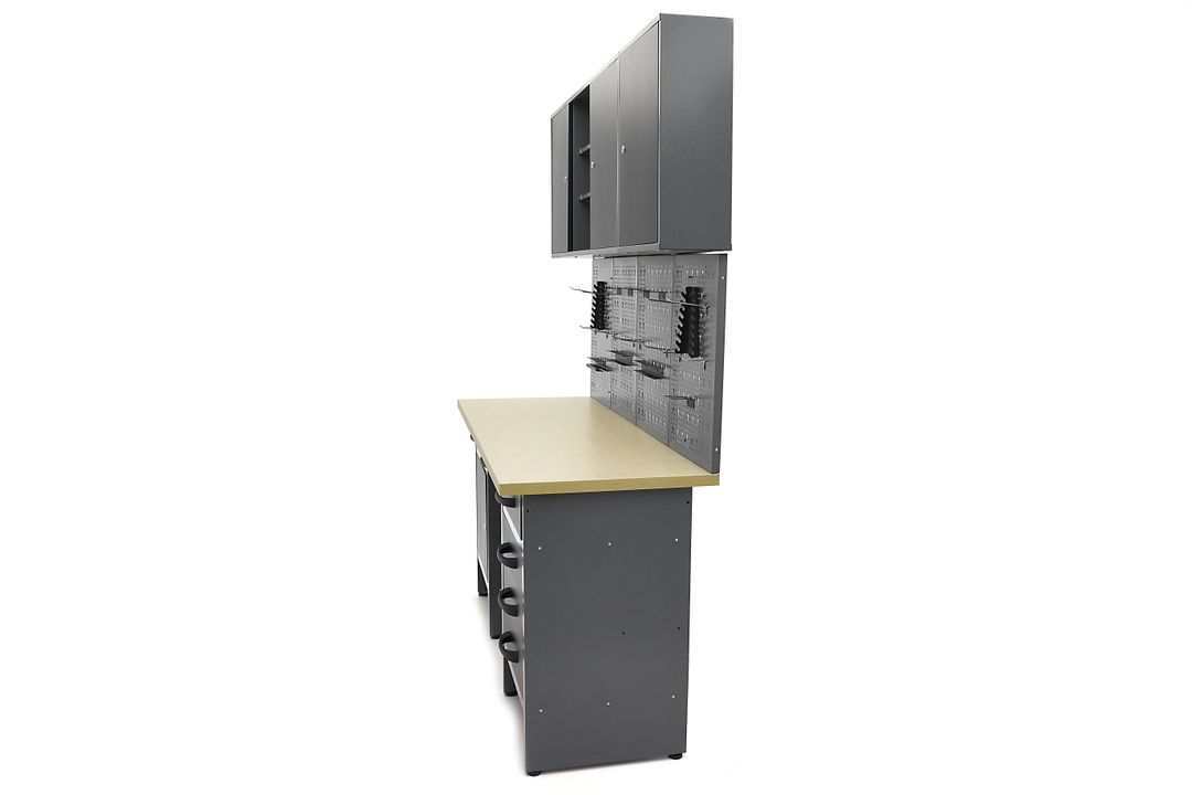 Arredamento modulare per officina, mobili da lavoro con 6 cassetti 160 cm,, 2 armadietti portautensili ,con pannello parete forato per strumenti con ganci, Hbm