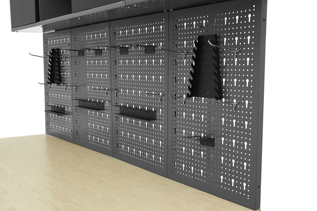 Arredamento modulare per officina, mobili da lavoro con 6 cassetti 160 cm,, 2 armadietti portautensili ,con pannello parete forato per strumenti con ganci, Hbm