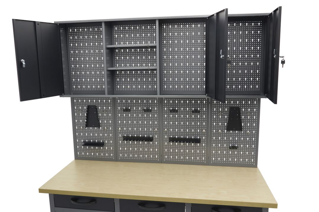 Arredamento modulare per officina, mobili da lavoro con 6 cassetti 160 cm,, 2 armadietti portautensili ,con pannello parete forato per strumenti con ganci, Hbm