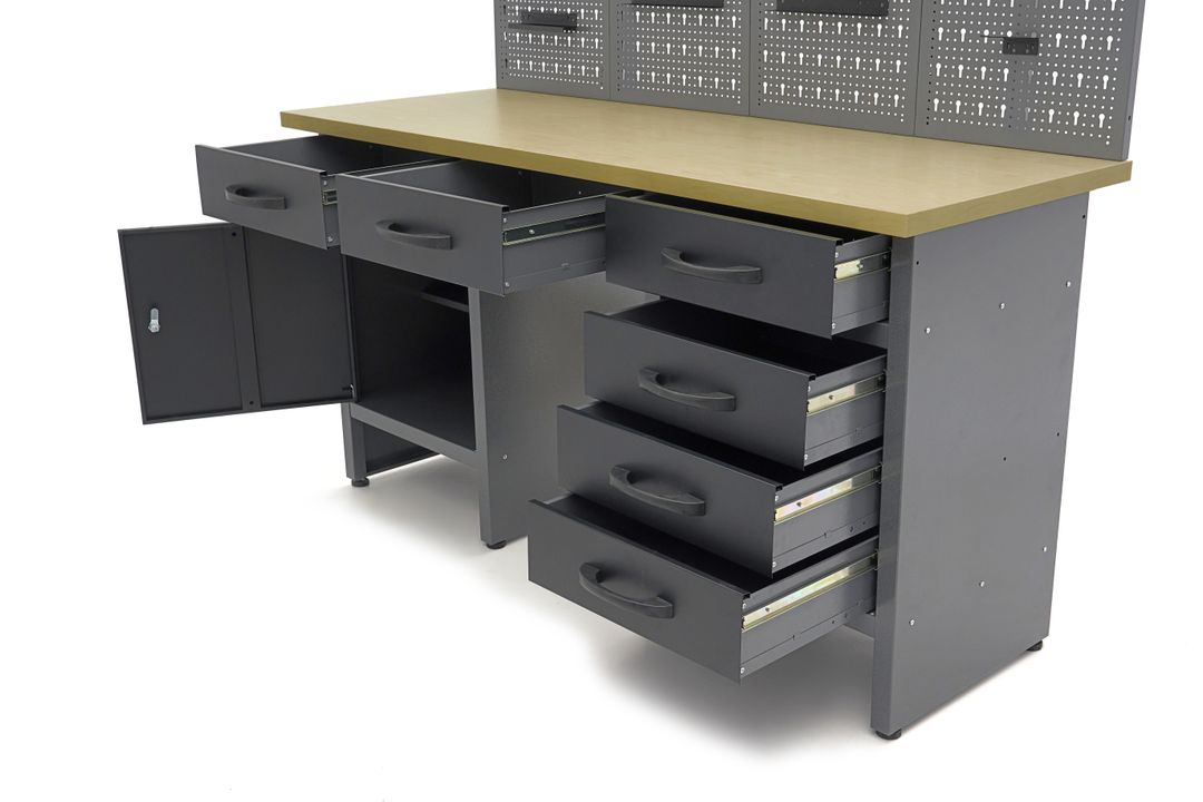 Arredamento modulare per officina, mobili da lavoro con 6 cassetti 160 cm,, 2 armadietti portautensili ,con pannello parete forato per strumenti con ganci, Hbm
