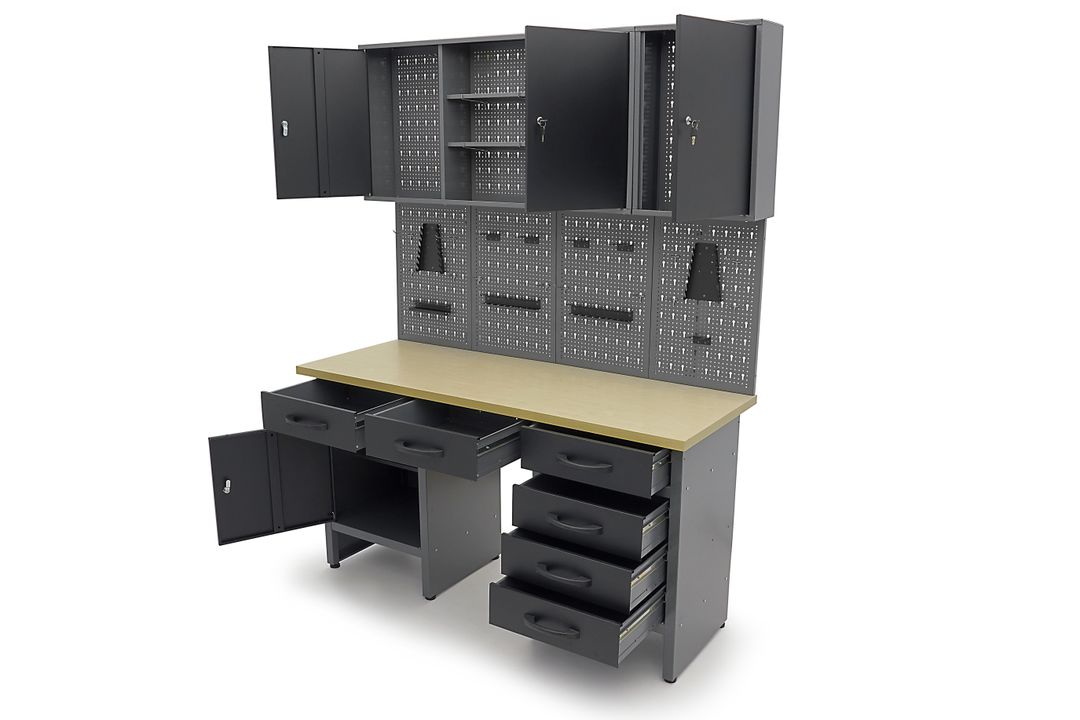 Arredamento modulare per officina, mobili da lavoro con 6 cassetti 160 cm,, 2 armadietti portautensili ,con pannello parete forato per strumenti con ganci, Hbm
