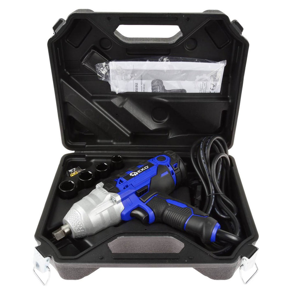 Avvitatore a impulsi a batteria 1/2", 450 Nm 230 V, con bussole, ideale per auto, camion, garage, officina, Geko