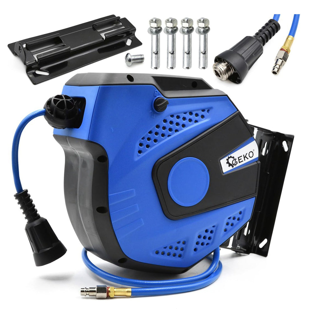Avvolgitubo per aria compressa con tubo professionale 14 m, fissaggio a parete, sistema blocco automatico riavvolgitore auto stop, accessorio compressore salvaspazio, Geko