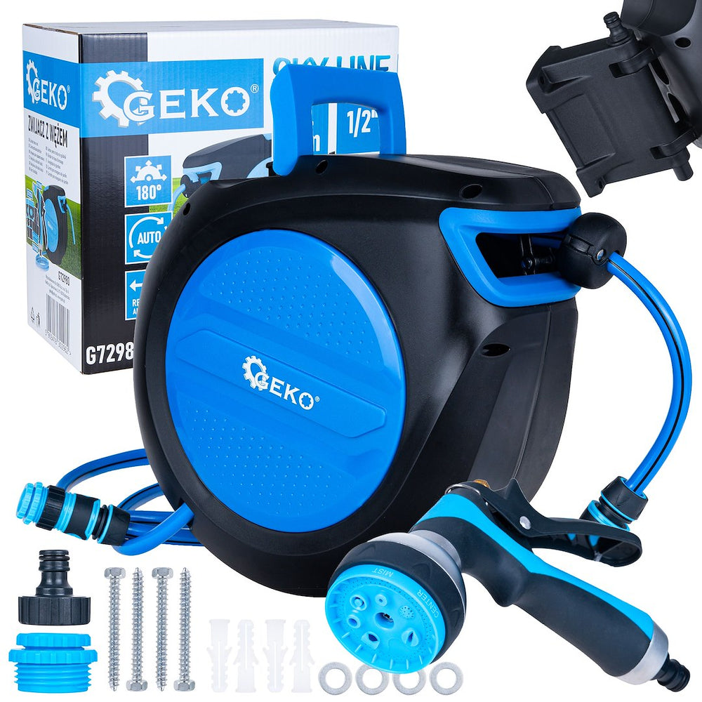 Avvolgitubo automatico Sky-Line con tubo da giardino 20 m 1/2", da parete, con pistola a 7 funzioni Geko