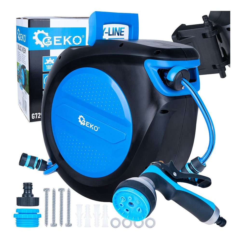 Avvolgitubo automatico Sky-Line con tubo da giardino 30 m 1/2", da parete, con pistola a 7 funzioni Geko
