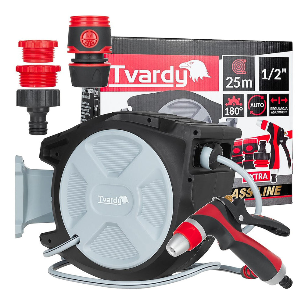 Avvolgitubo automatico retrattile 25m, diametro tubo 1/2", rullo per irrigazione da giardino, fissaggio a parete girevole 180°, per orto e pulizia domestica, Tvardy