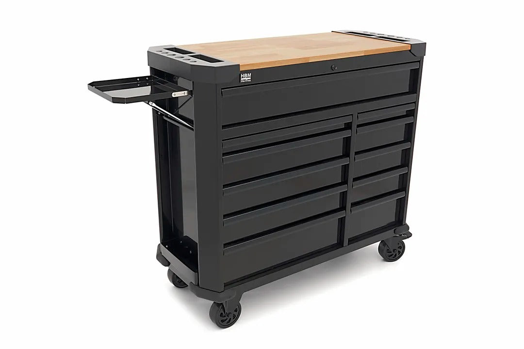Carrello portautensili metallico professionale officina con 11 cassetti e ruote-mobile 109 cm con piano di lavoro in legno massiccio HBM Machines
