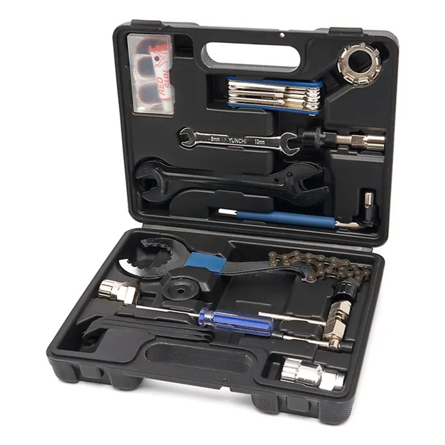 Kit di riparazione per biciclette 18 pezzi, set di utensili a mano valigetta multifunzionale strumento per bicicletta, attrezzi di riparazione della bicicletta, Hbm