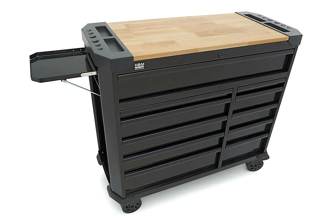 Carrello portautensili metallico professionale officina con 11 cassetti e ruote-mobile 109 cm con piano di lavoro in legno massiccio HBM Machines