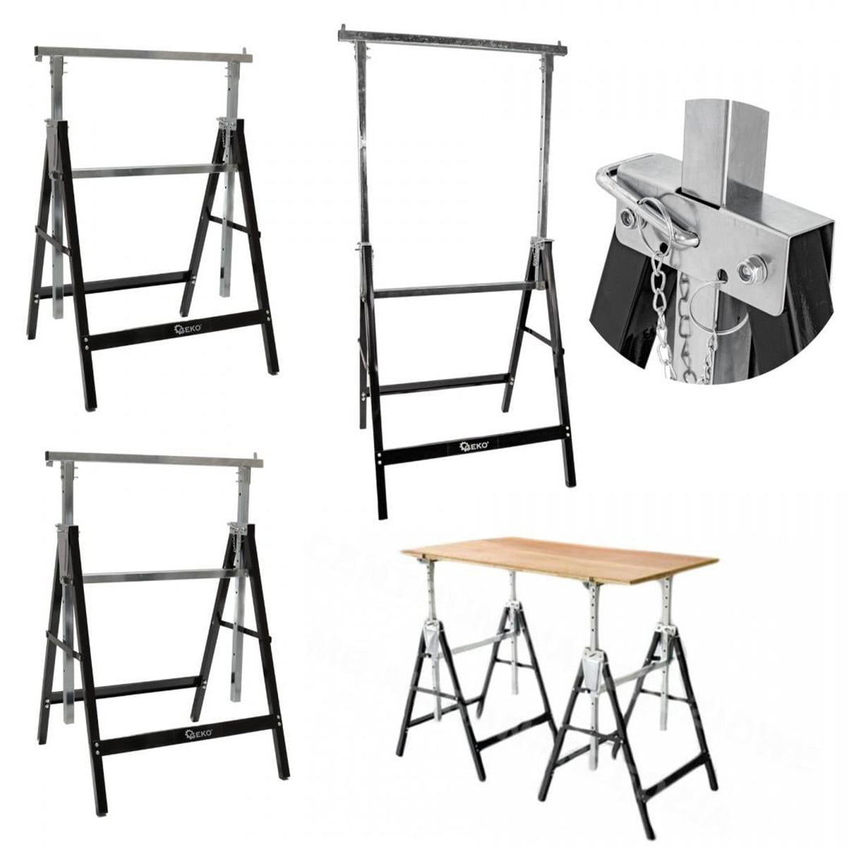 Set-kit  2 cavalletti da lavoro telescopici in acciaio, pieghevoli, altezza regolabile 80–130 cm, salvaspazio per fai da te, garage, giardino, taglialegna, cantiere, Geko