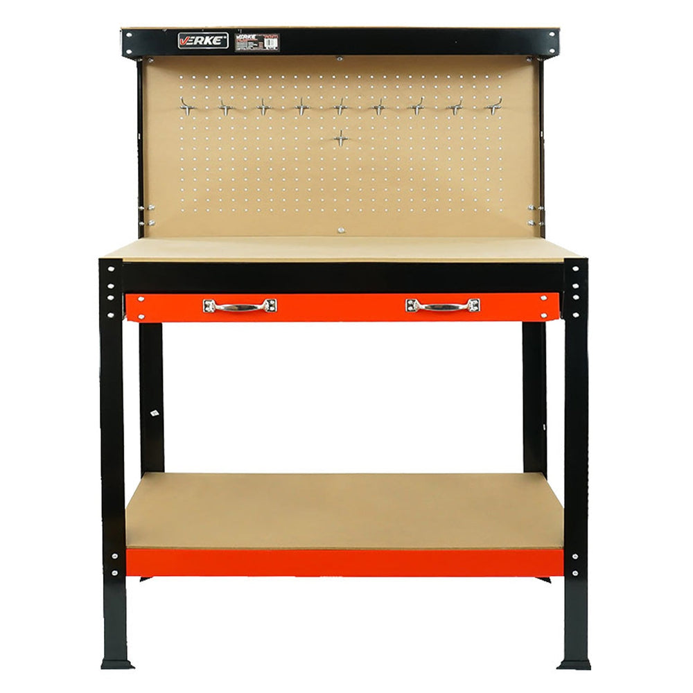 Banco da lavoro con pianale in legno laminato con cassetti e pannello forato portautensili  da parete,per garage officina cantina capannone magazzino 120 X 60 X 150 cm