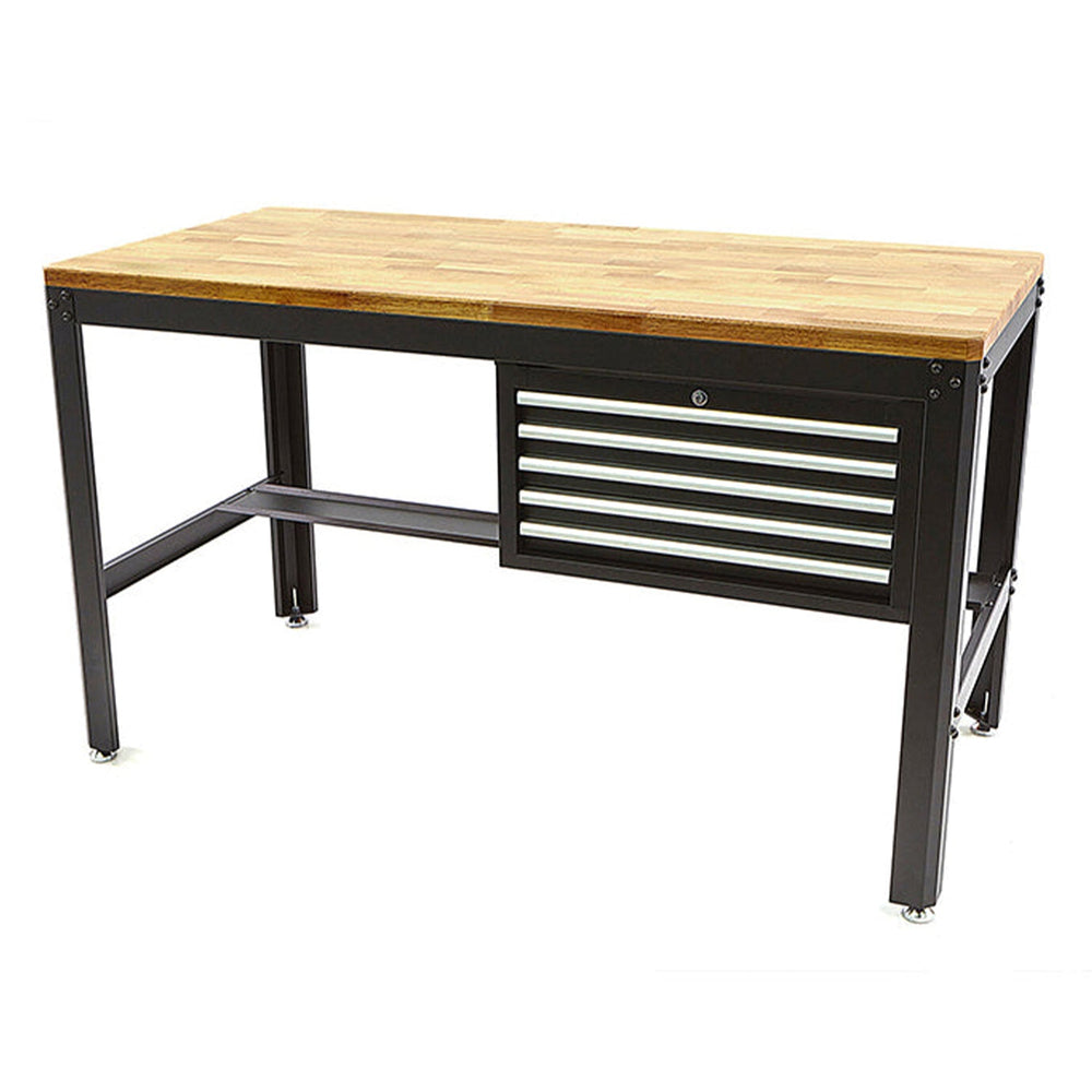 Banco da lavoro fisso metallico con 5 cassetti, 155cm, professionale con piano in legno massiccio
