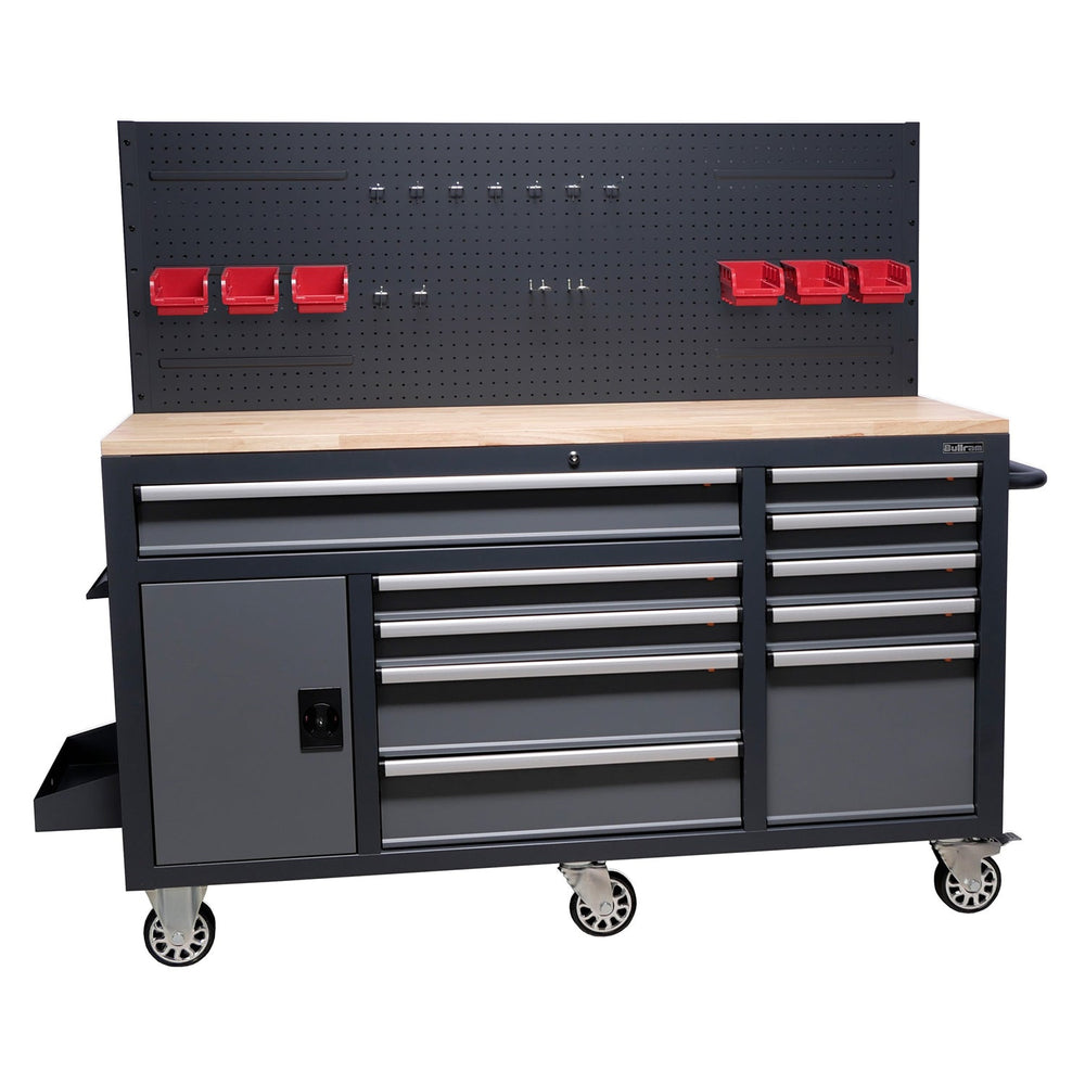 Banco da lavoro professionale con 10 cassetti, ripiani, portautensili, in metallo,nero, con pianale in legno massiccio, arredamento officina con pannello da parete forato ,400 x 520 x 540 mm Bullram