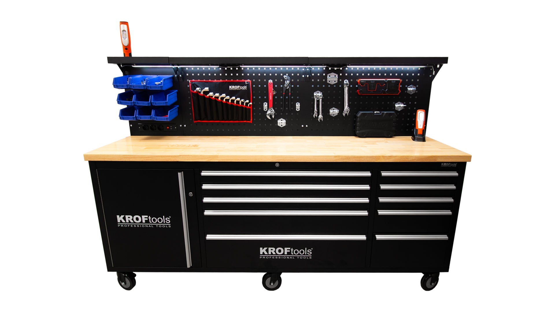 Banco da lavoro professionale con 10 cassetti, ripiani, portautensili, in metallo,nero, con pianale in legno massiccio, arredamento officina con pannello da parete forato e illuminato LED, con ganci e prese USB 230V, 213 cm