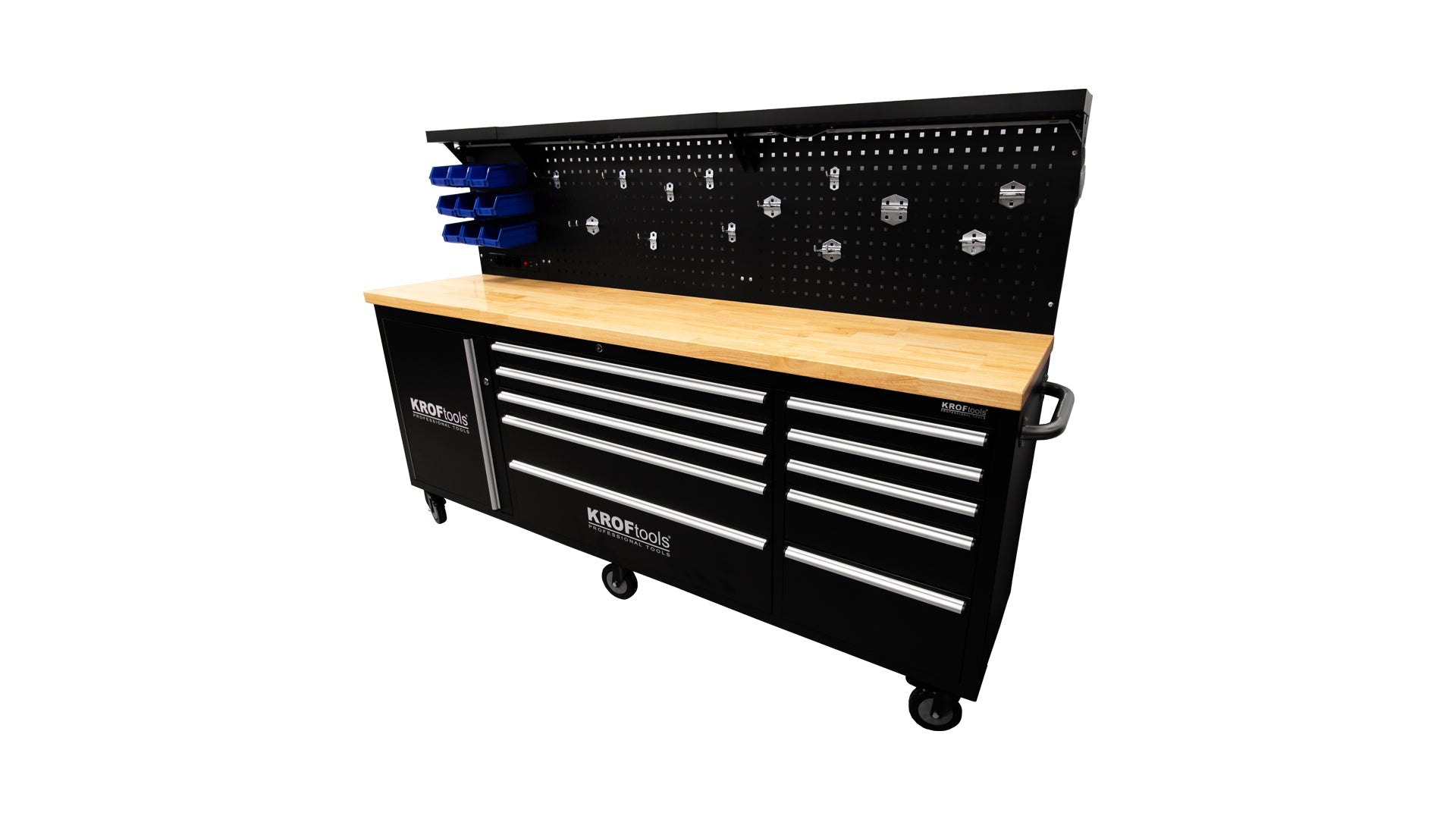 Banco da lavoro professionale con 10 cassetti, ripiani, portautensili, in metallo,nero, con pianale in legno massiccio, arredamento officina con pannello da parete forato e illuminato LED, con ganci e prese USB 230V, 213 cm