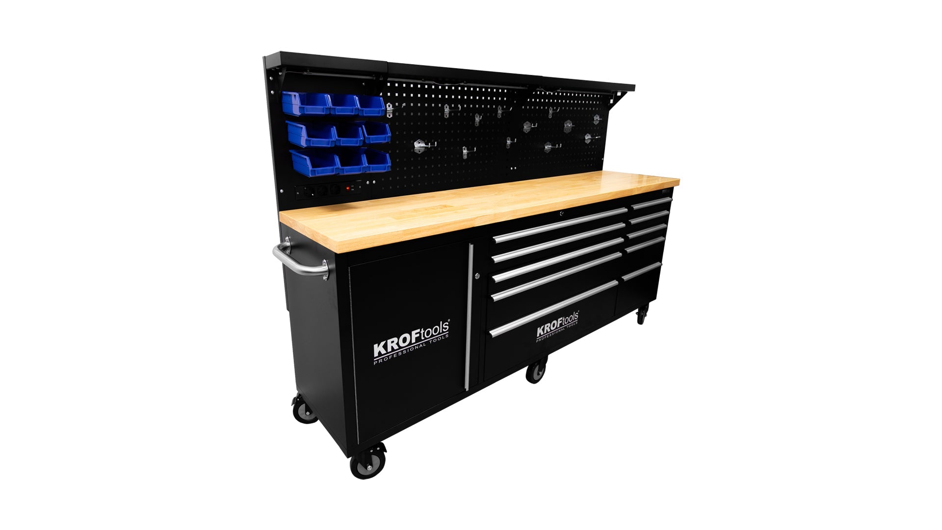 Banco da lavoro professionale con 10 cassetti, ripiani, portautensili, in metallo,nero, con pianale in legno massiccio, arredamento officina con pannello da parete forato e illuminato LED, con ganci e prese USB 230V, 213 cm