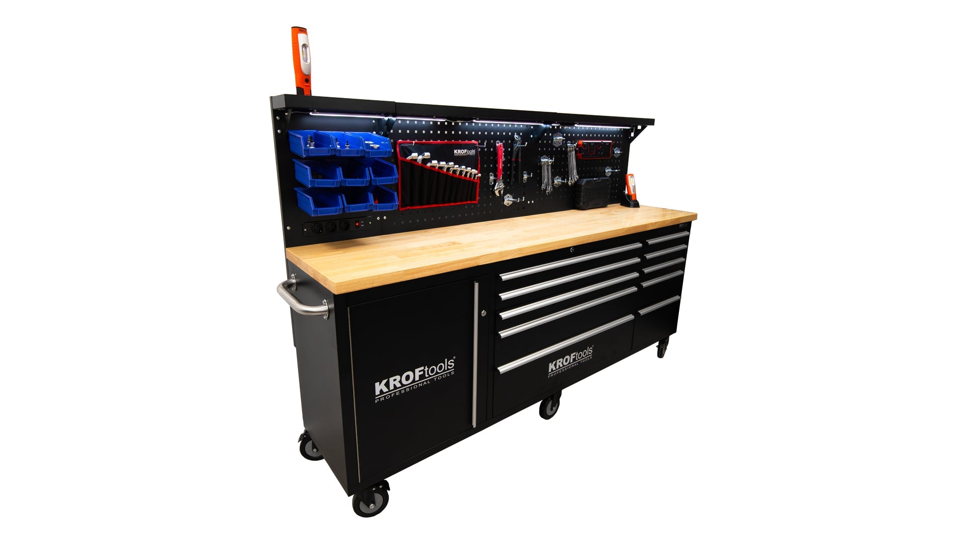 Banco da lavoro professionale con 10 cassetti, ripiani, portautensili, in metallo,nero, con pianale in legno massiccio, arredamento officina con pannello da parete forato e illuminato LED, con ganci e prese USB 230V, 213 cm