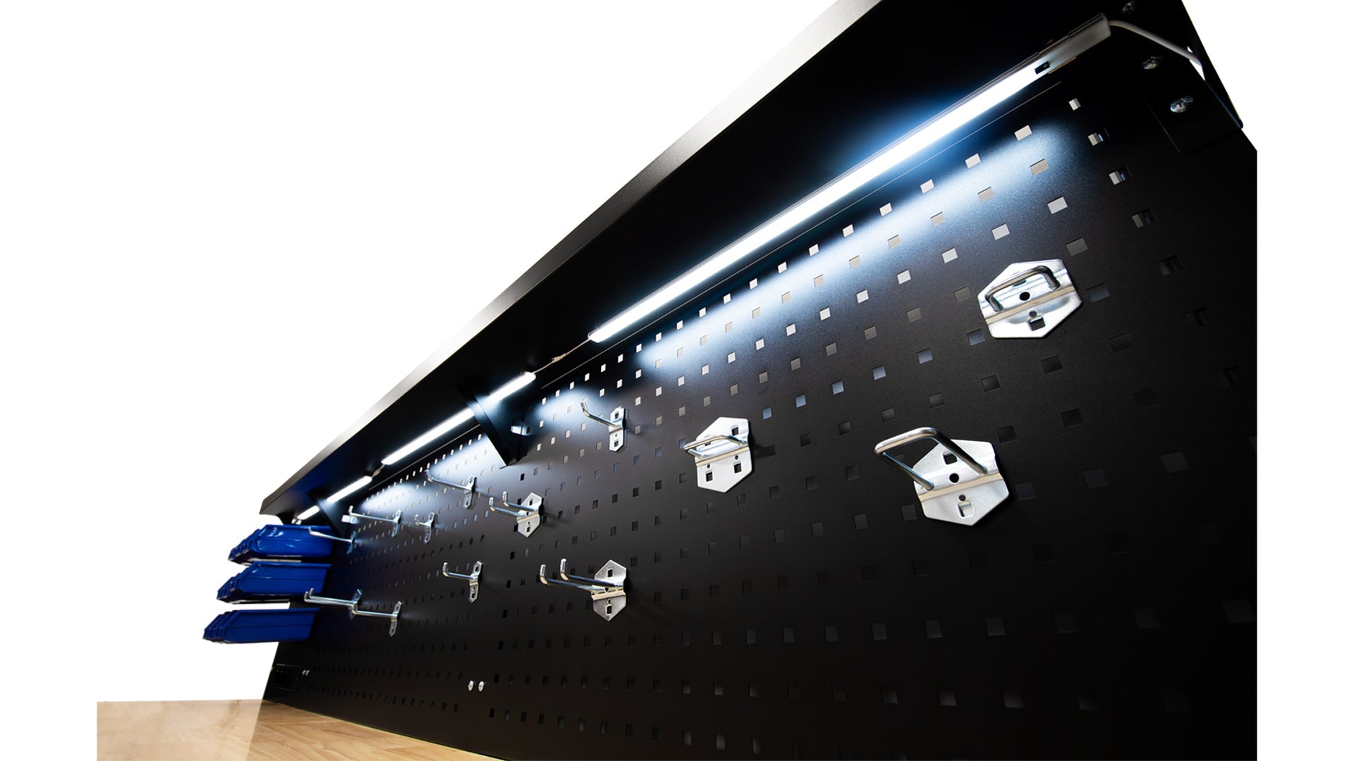 Banco da lavoro professionale con 10 cassetti, ripiani, portautensili, in metallo,nero, con pianale in legno massiccio, arredamento officina con pannello da parete forato e illuminato LED, con ganci e prese USB 230V, 213 cm
