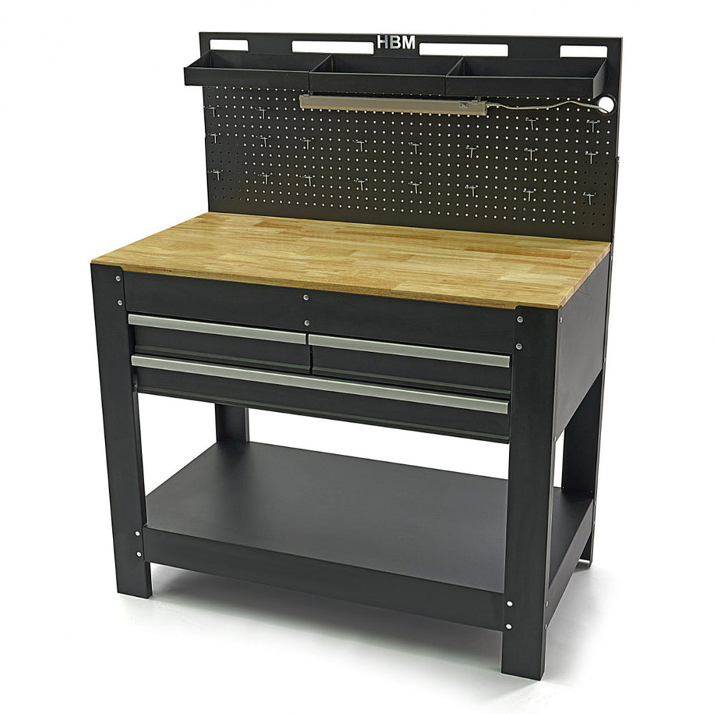 Banco da lavoro professionale con cassetti, ripiani, portautensili, capacità di carico 450 kg, in metallo,nero, con pianale in legno massiccio, arredamento officina con pannello da parete forato e illuminato LED, con ganci e prese USB 230V, 115 cm