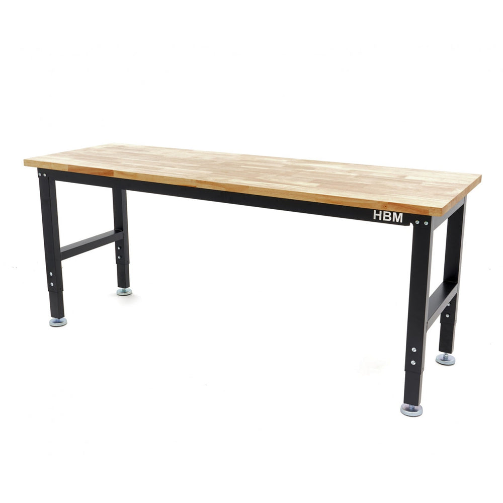 Banco da lavoro regolabile, 152 cm con pianale in legno duro e 4 piedi,per officina, garage, ufficio, Hbm