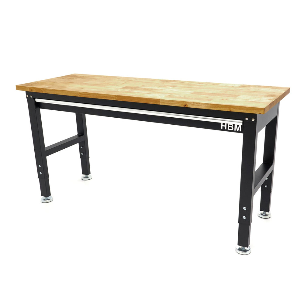 Banco da lavoro regolabile, 152 cm con pianale in legno duro e 4 piedi,per officina, garage, ufficio, Hbm Machines