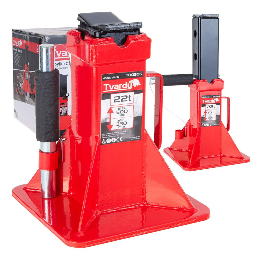 Base rinforzata in acciaio spesso per cavalletti auto, portata 22 tonnellate, altezza regolabile 330–500 mm con perno di sicurezza