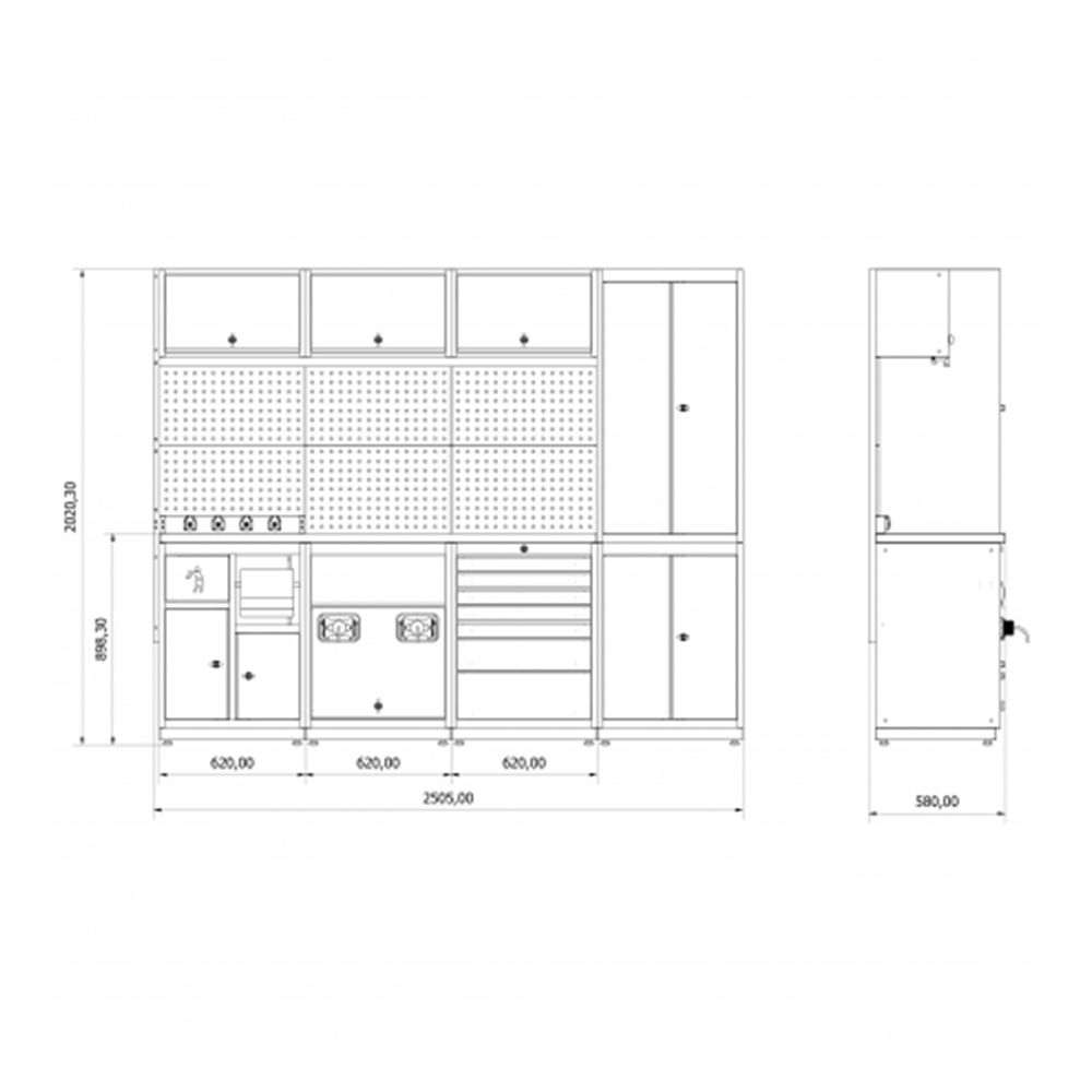 Sistema modulare di armadi e cassetti per officina 2,48 m modello D set nero
