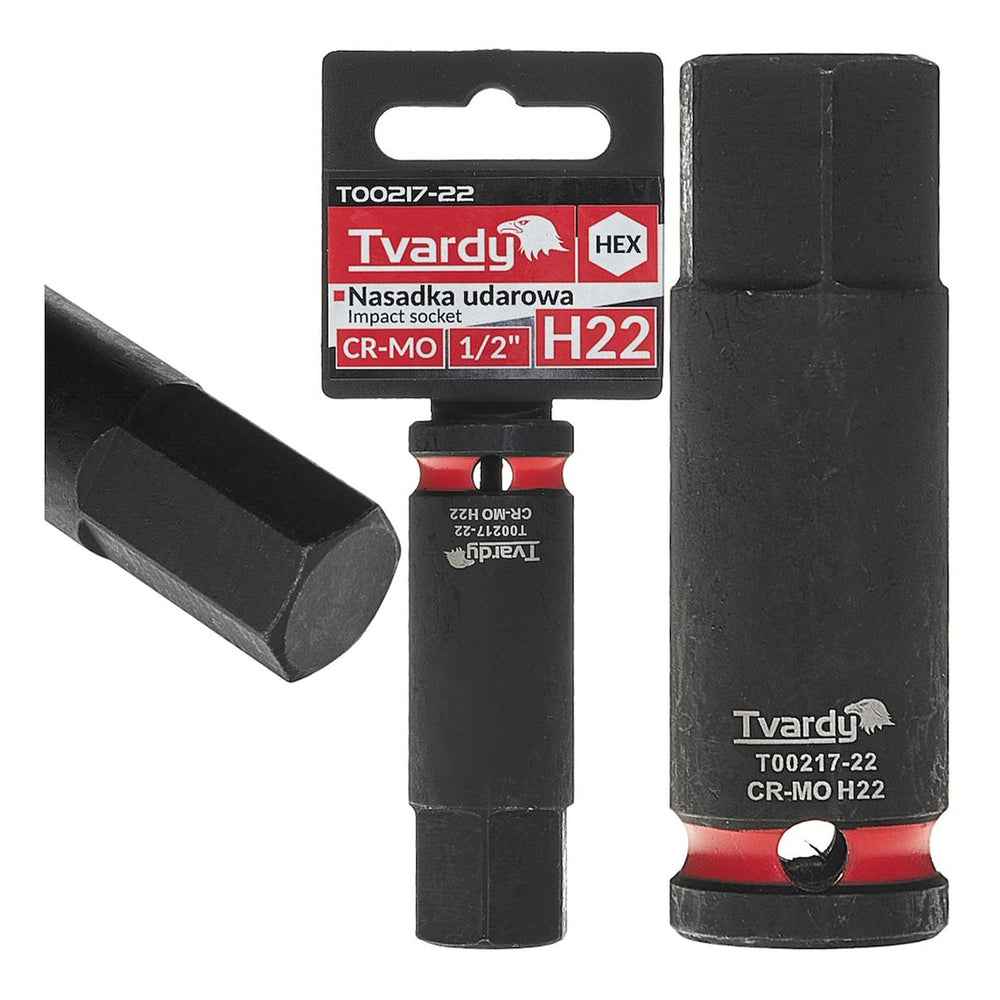 Bussola a impatto esagonale HEX, lunga, H22  1/2" , Cr-Mo, per dinamometrica, cricchetto e avvitatore a batteria, Tvardy