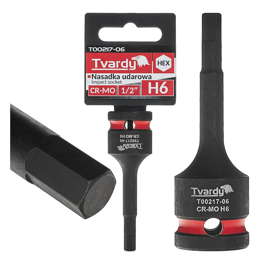 Bussola a impatto esagonale HEX, lunga, H6 1/2" , Cr-Mo, per dinamometrica, cricchetto e avvitatore a batteria, Tvardy