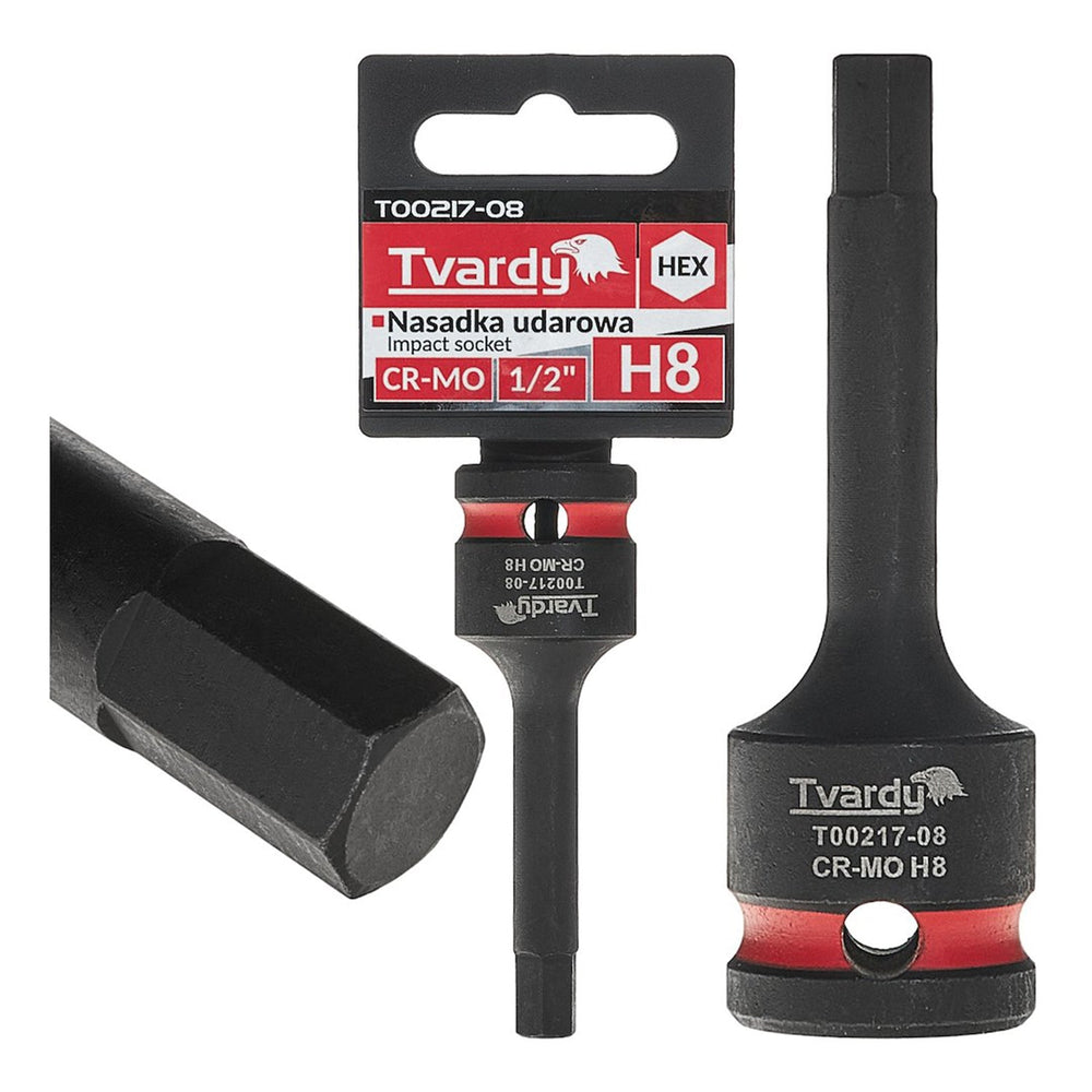 Bussola a impatto esagonale HEX, lunga, H8 presa 1/2" , Cr-Mo, per dinamometrica, cricchetto e avvitatore a batteria, Tvardy
