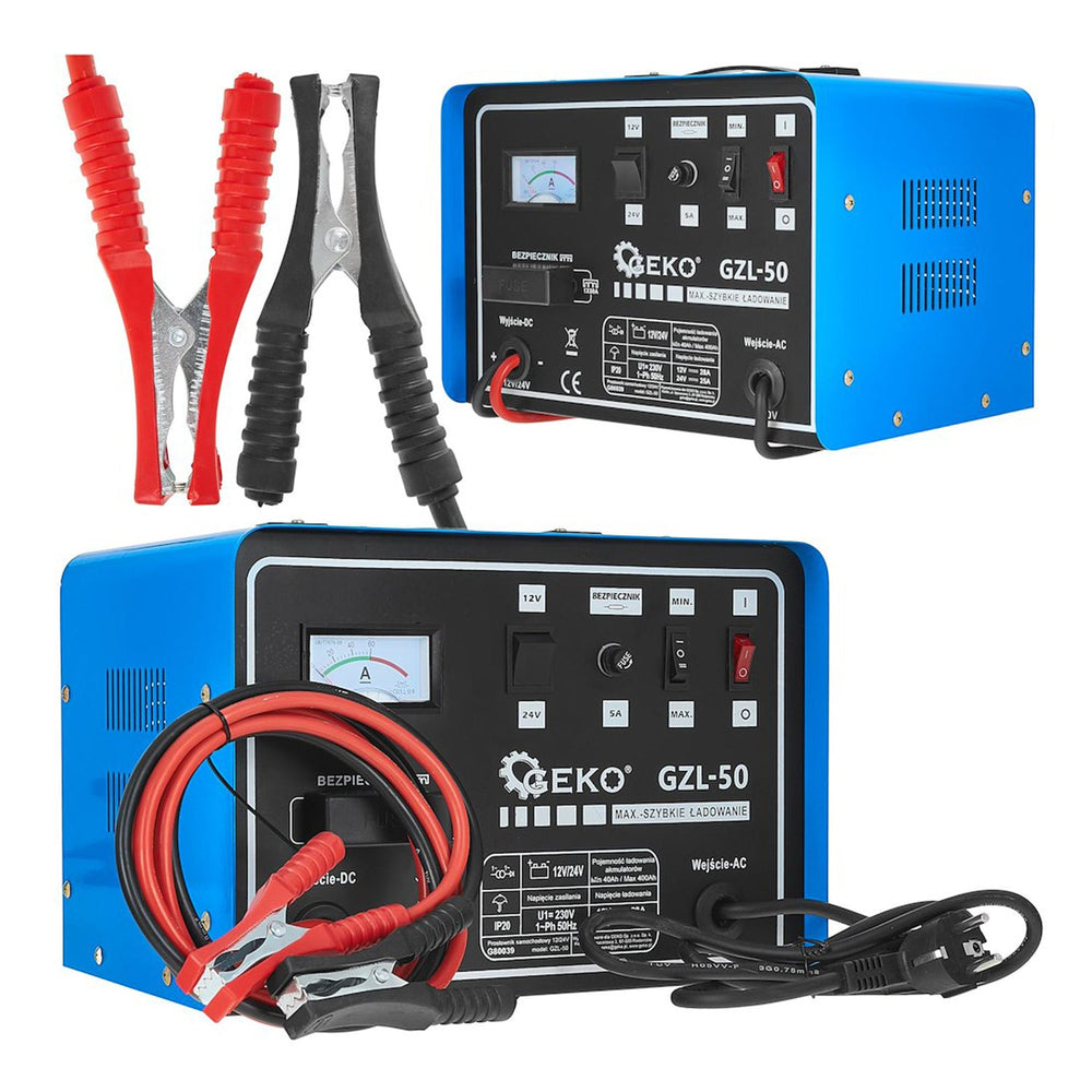 Caricabatterie auto 12/24V GZL-50 28/25A con ricarica rapida, avviatore per batterie 40-400Ah Geko