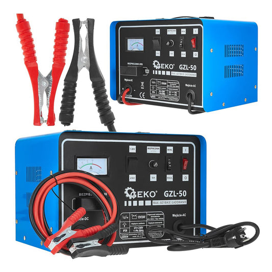 Caricabatterie auto 12/24V GZL-50 28/25A con ricarica rapida, avviatore per batterie 40-400Ah Geko