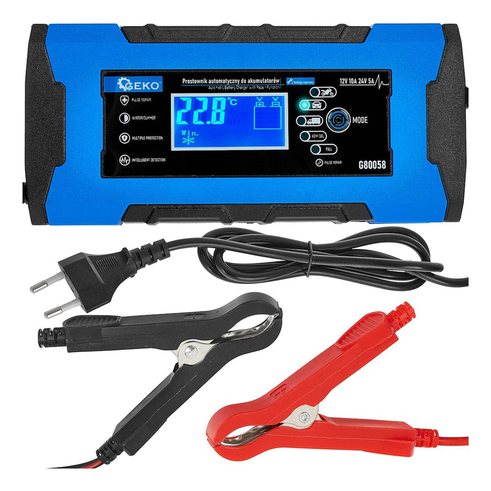 Caricabatterie intelligente automatico per auto, moto, caravan 12/24 V 10 A , mantenitore di carica con protezione da sovraccarico e compensazione termica, per batterie WET, MF, Ca/Ca, GEL e AGM, con display digitale LCD, Geko