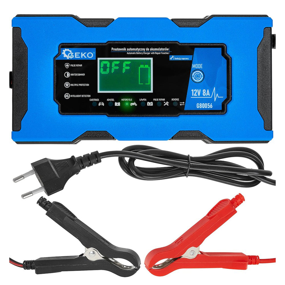 Caricabatterie intelligente automatico per auto, moto, caravan 12 V 8 A, mantenitore di carica con protezione da sovraccarico e compensazione termica, per batterie WET, MF, Ca/Ca, GEL, AGM e LiFePO4, con display digitale LCD, Geko
